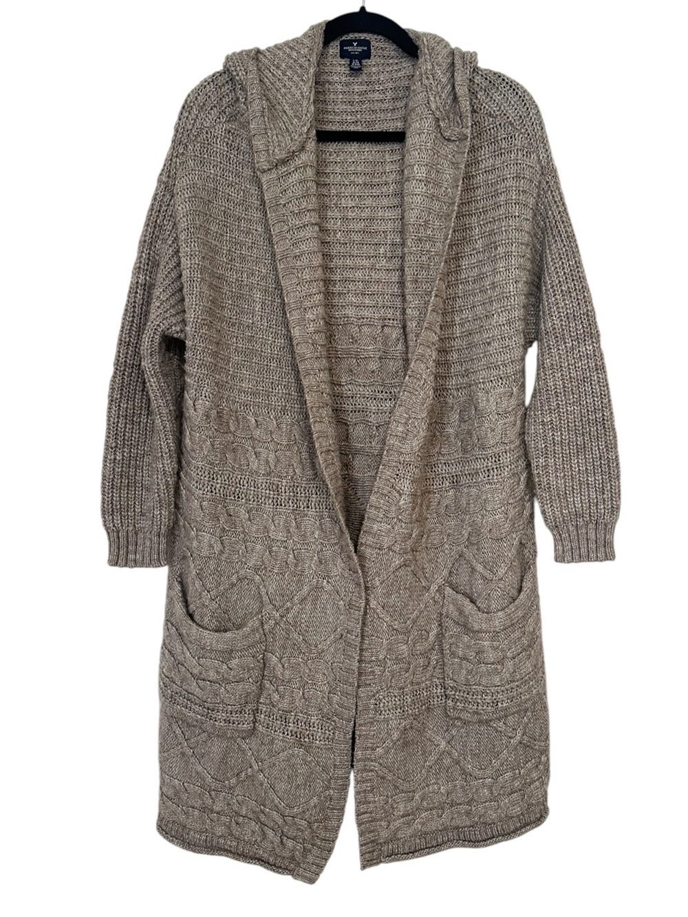 AMERICAN EAGLE beige open front hooded drape cardigan sweater size L/XL